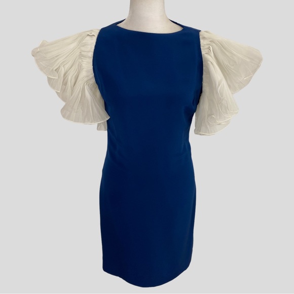 Vintage Jill Richards Blue + White Dramatic Pleated Ruffle Dress